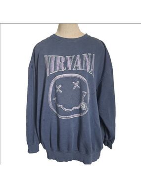 NIRVANA Oversize GRUNGE sweatshirt Sweater CREW comfy Smiley Face Blue XS 2-4